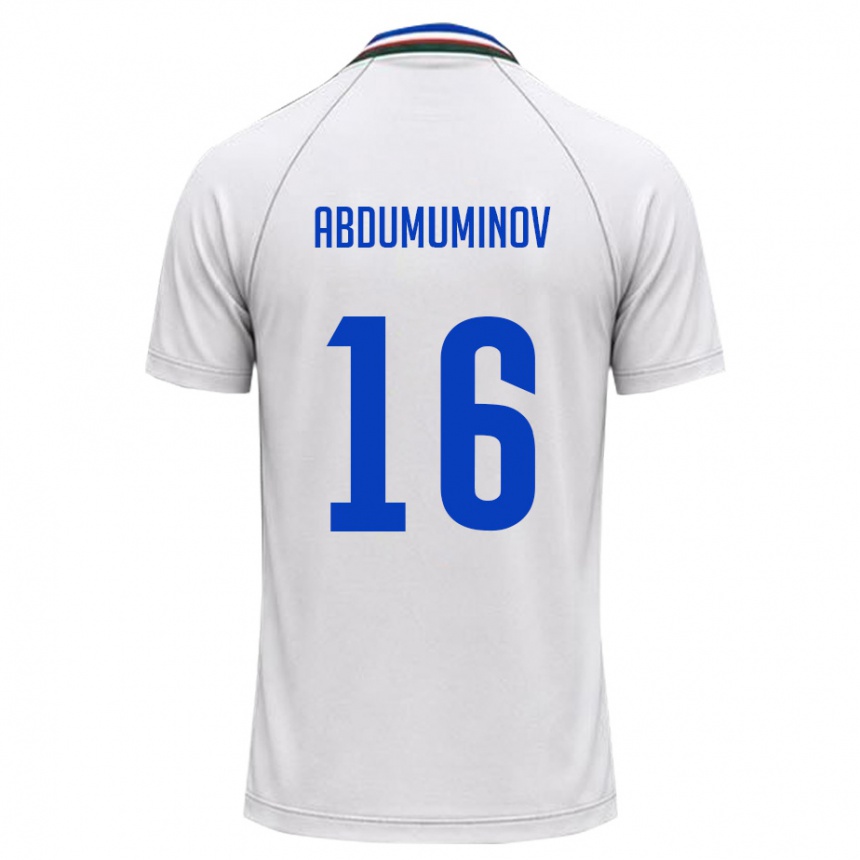 ילדים כדורגל אוזבקיסטן Azizbek Abdumuminov #16 לבן ירוק כהה הרחק ג'רזי 26-28