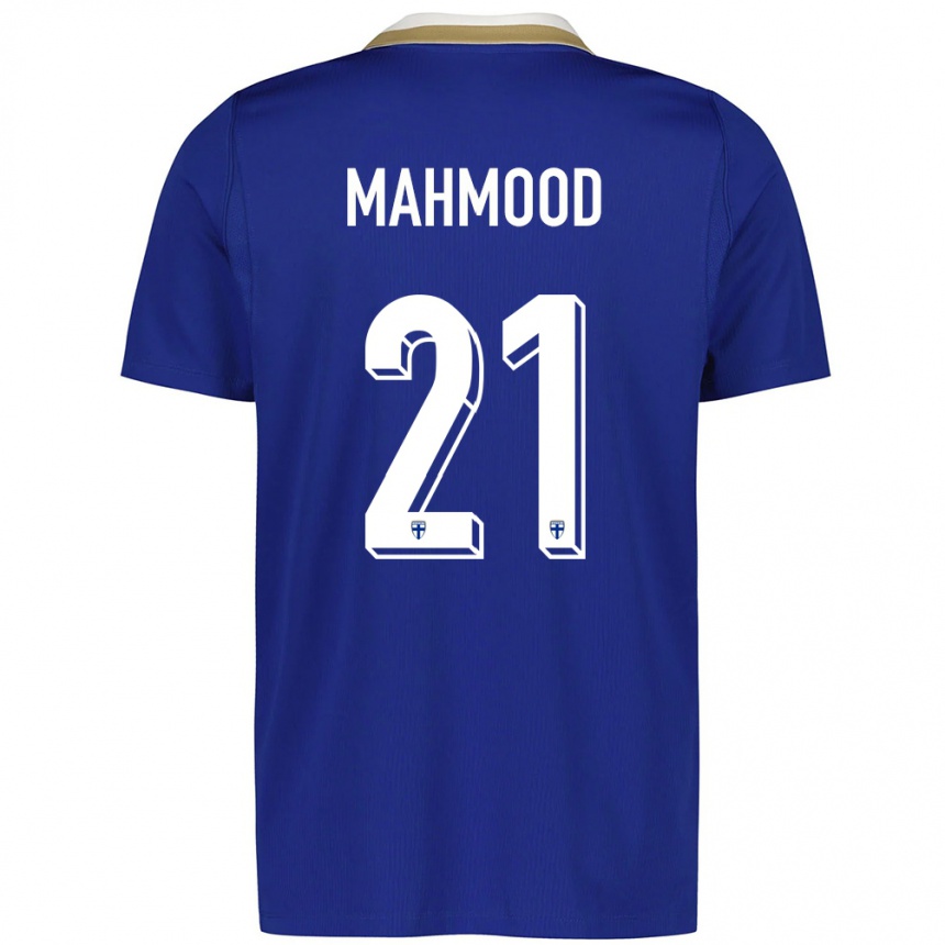 ילדים כדורגל פינלנד Mustafa Mahmood #21 כחול לבן הרחק ג'רזי 26-28