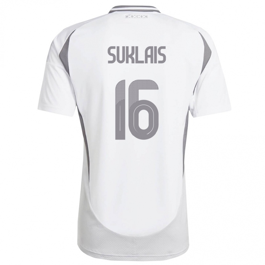 ילדים כדורגל לטביה Ralfs Suklais #16 לבן אפור כהה הרחק ג'רזי 26-28