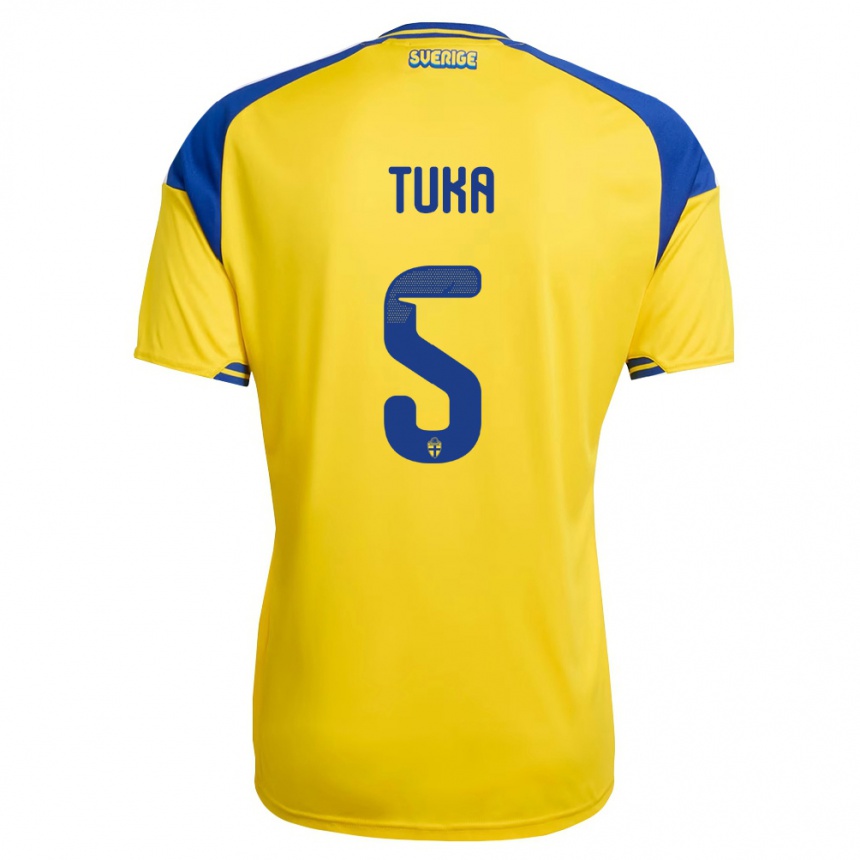 גברים כדורגל שוודיה Matej Tuka #5 צהוב כחול לבן ג'רזי ביתית 26-28
