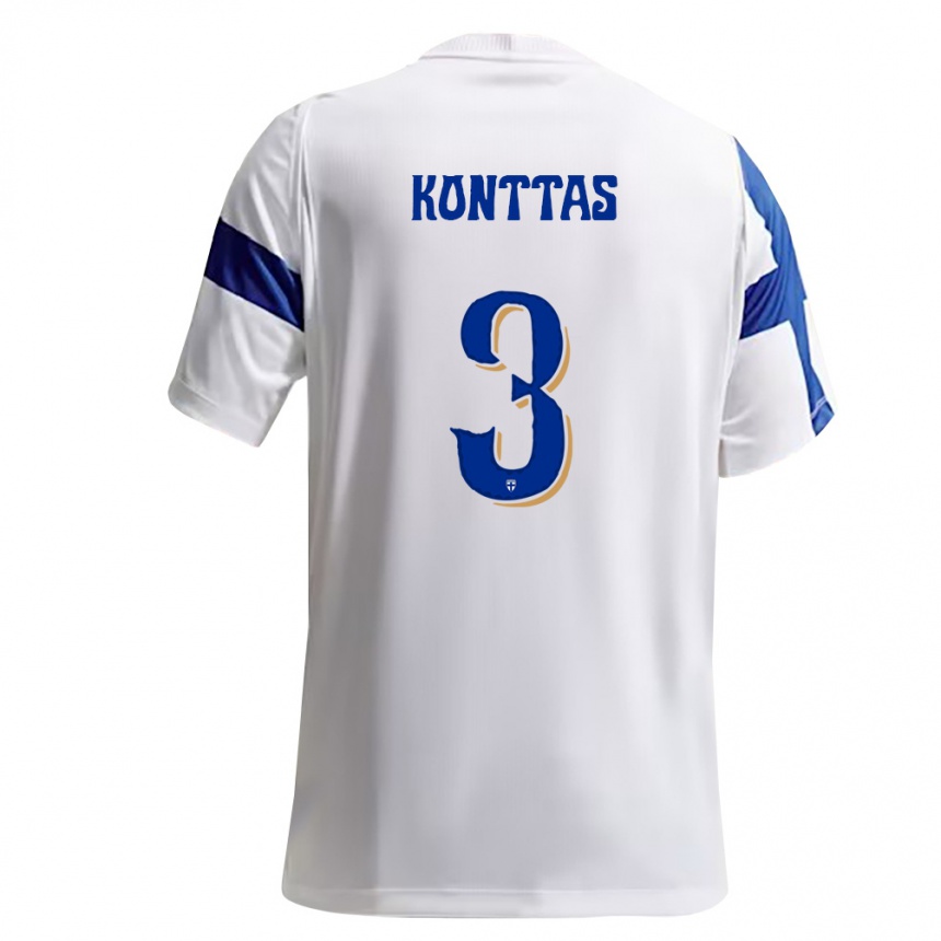 גברים כדורגל פינלנד Valo Konttas #3 לבן כחול ג'רזי ביתית 26-28