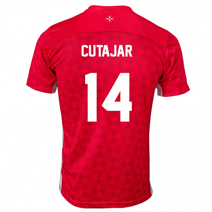 גברים כדורגל מלטה Yan Cutajar #14 אדום לבן ג'רזי ביתית 26-28
