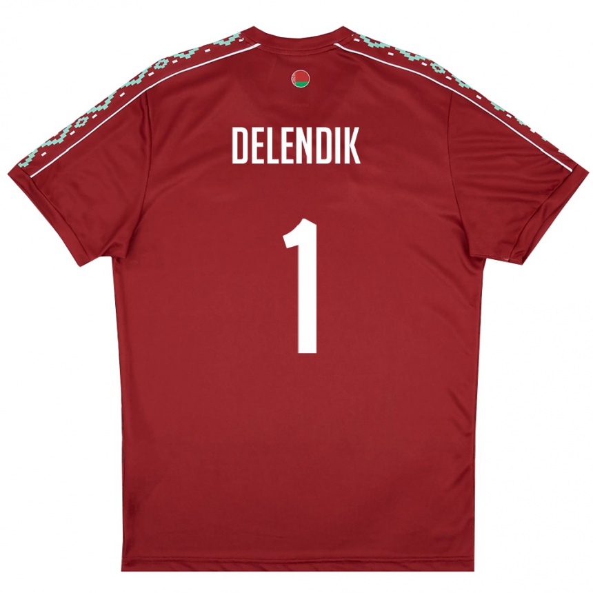 גברים כדורגל בלארוס Matvey Delendik #1 אדום עמוק לבן ג'רזי ביתית 26-28