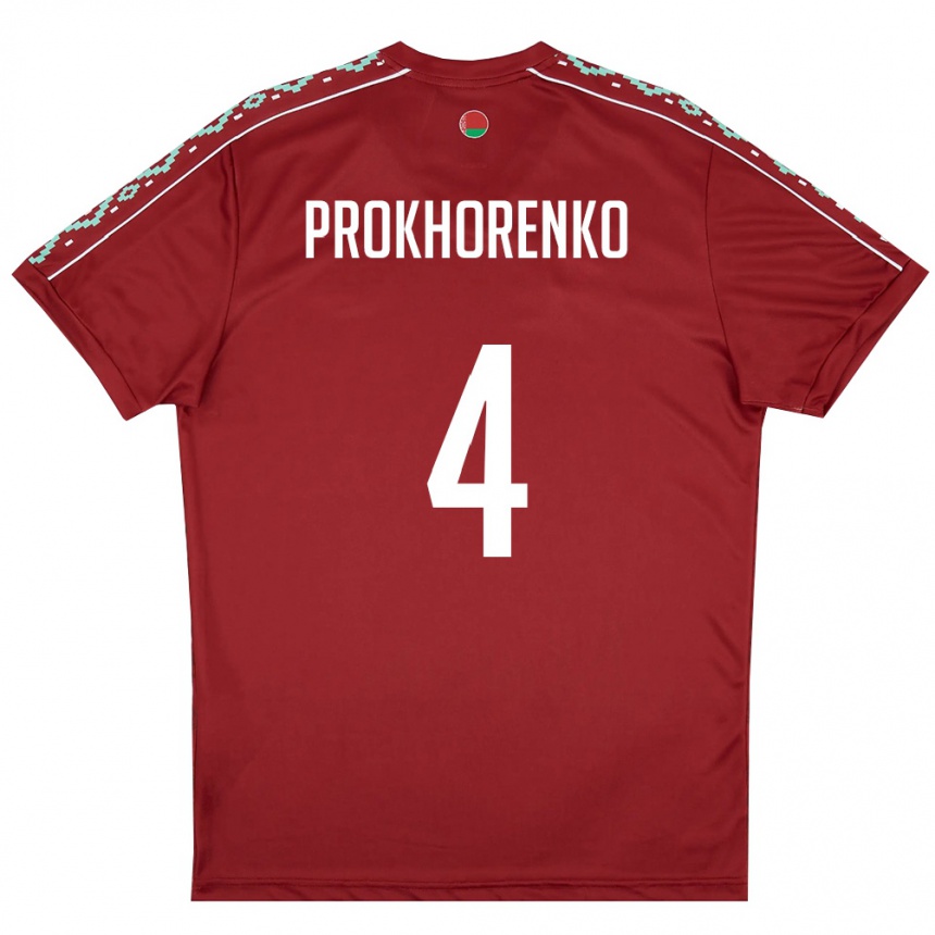 גברים כדורגל בלארוס Aleksandr Prokhorenko #4 אדום עמוק לבן ג'רזי ביתית 26-28