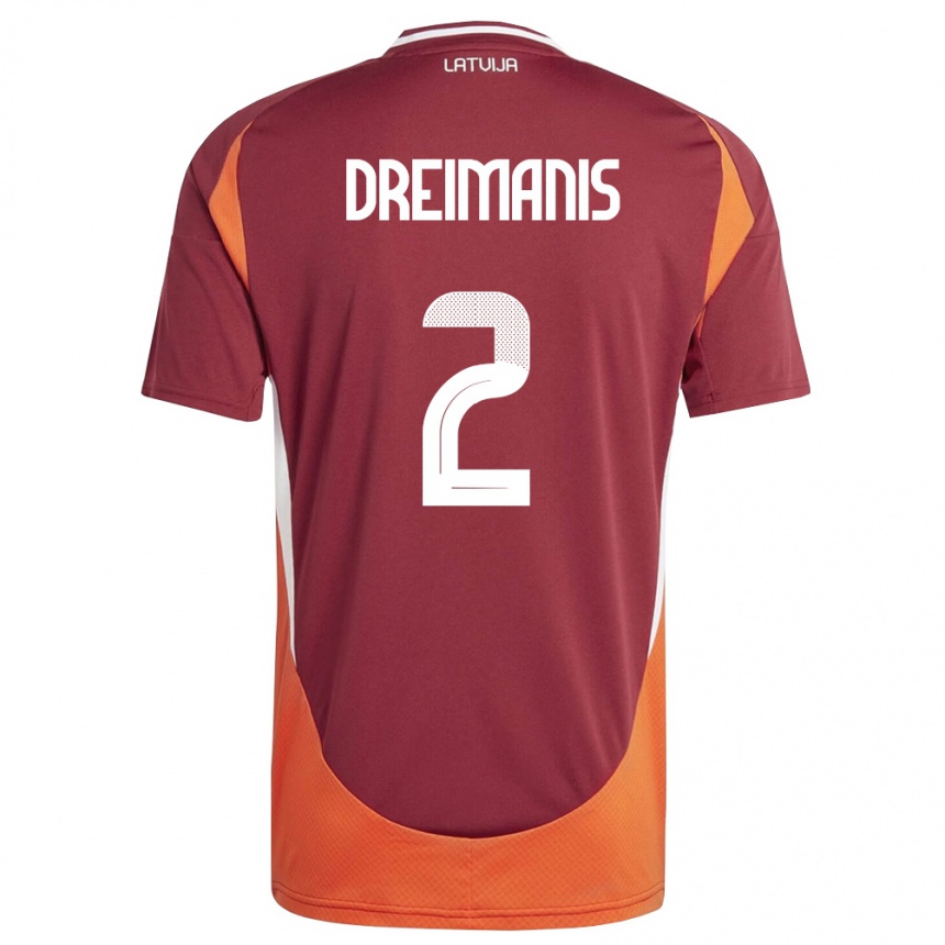 גברים כדורגל לטביה Adams Dreimanis #2 אדום עמוק לבן כתום ג'רזי ביתית 26-28