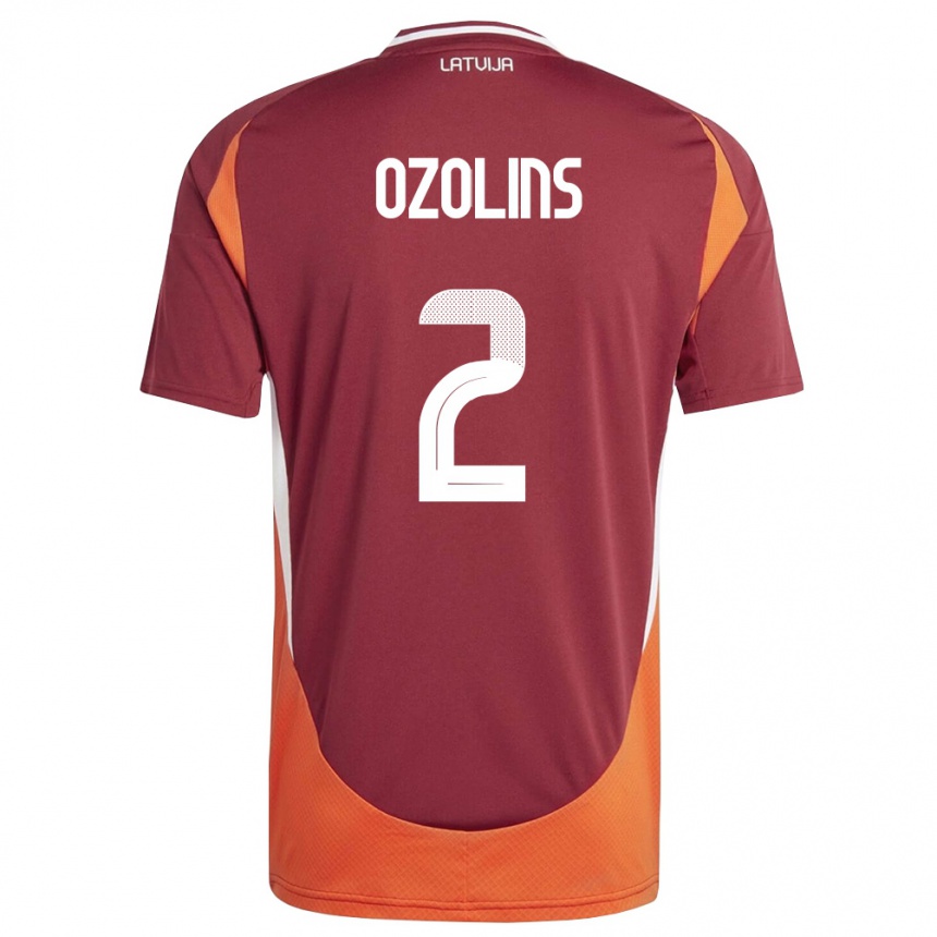 גברים כדורגל לטביה Ernests Ozolins #2 אדום עמוק לבן כתום ג'רזי ביתית 26-28