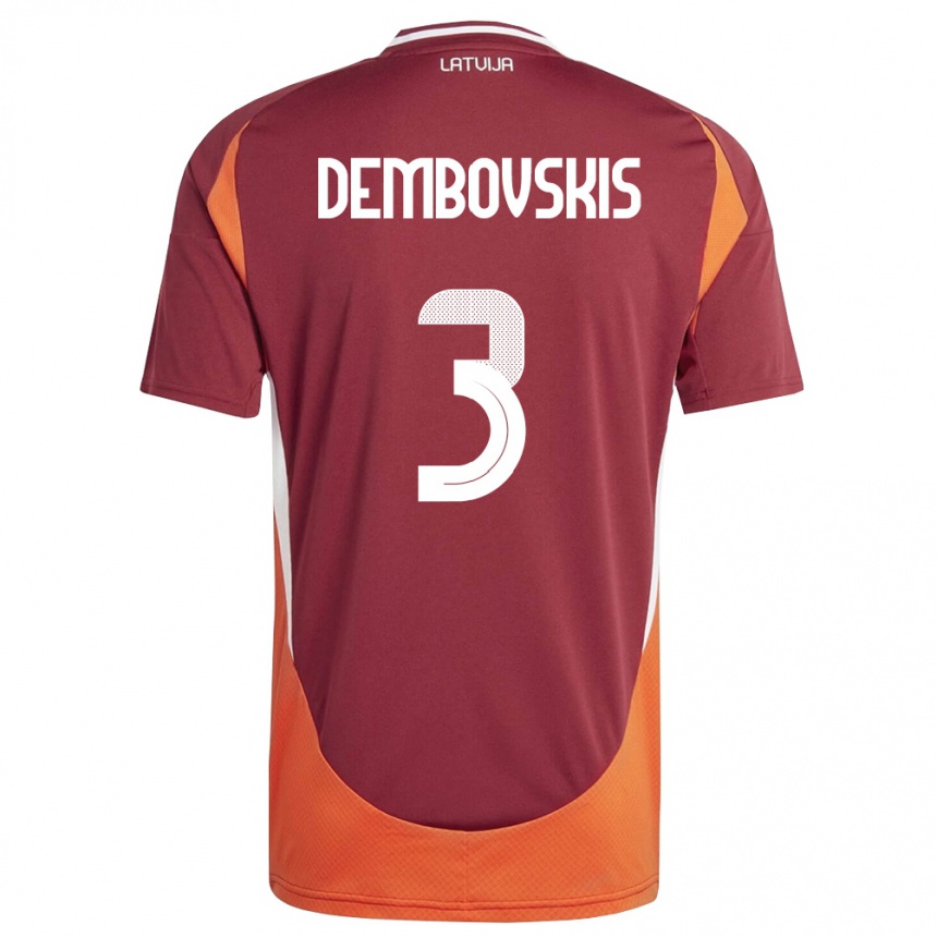 גברים כדורגל לטביה Markuss Dembovskis #3 אדום עמוק לבן כתום ג'רזי ביתית 26-28