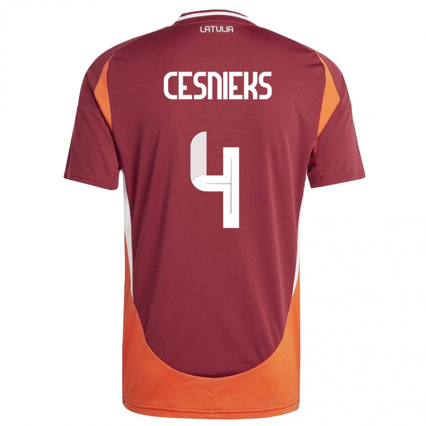 גברים כדורגל לטביה Kevins Cesnieks #4 אדום עמוק לבן כתום ג'רזי ביתית 26-28