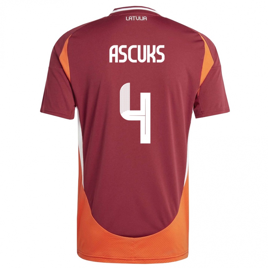 גברים כדורגל לטביה Edgars Ascuks #4 אדום עמוק לבן כתום ג'רזי ביתית 26-28
