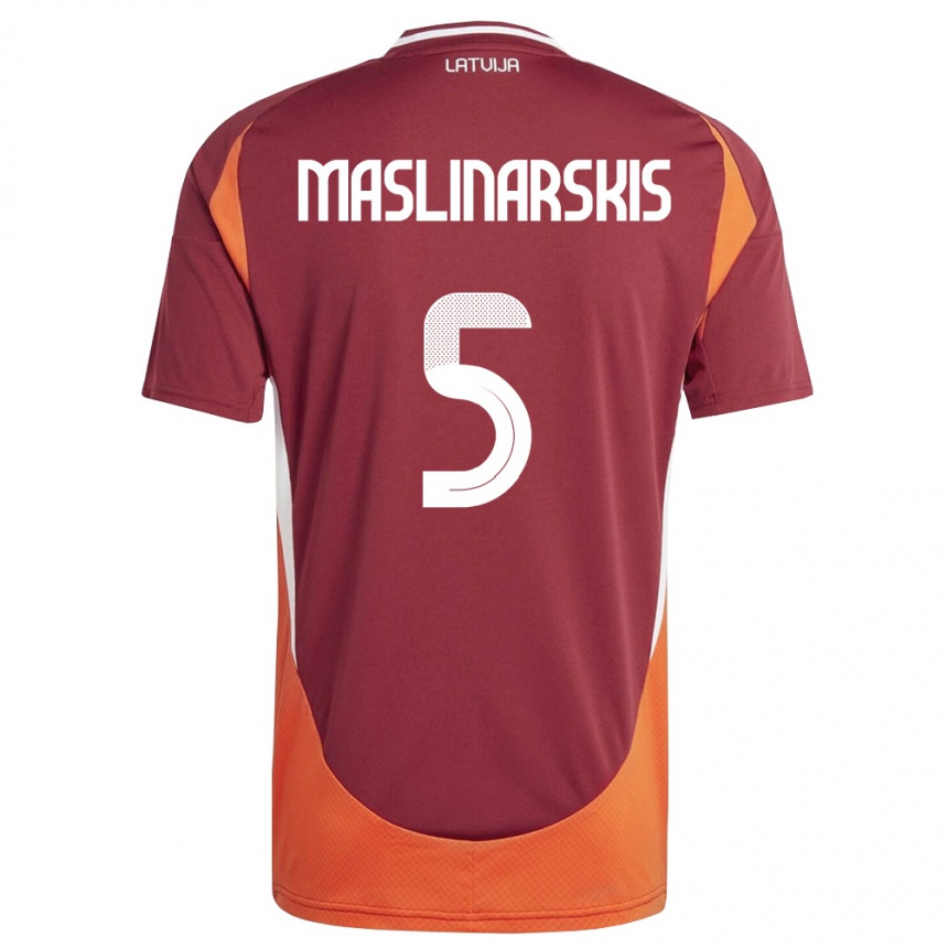 גברים כדורגל לטביה Gustavs Maslinarskis #5 אדום עמוק לבן כתום ג'רזי ביתית 26-28