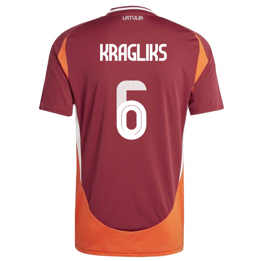 גברים כדורגל לטביה Ralfs Kragliks #6 אדום עמוק לבן כתום ג'רזי ביתית 26-28