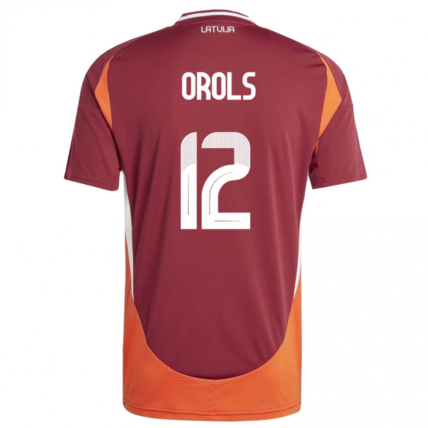גברים כדורגל לטביה Frenks Orols #12 אדום עמוק לבן כתום ג'רזי ביתית 26-28