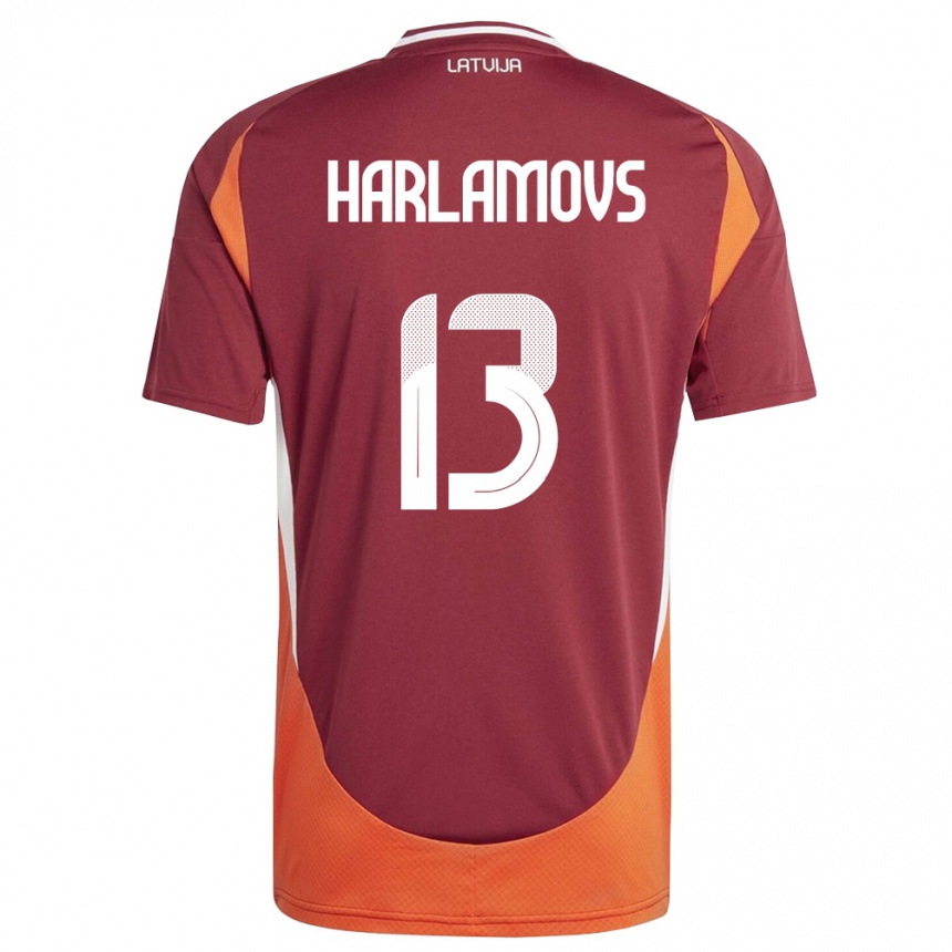 גברים כדורגל לטביה Ilja Harlamovs #13 אדום עמוק לבן כתום ג'רזי ביתית 26-28