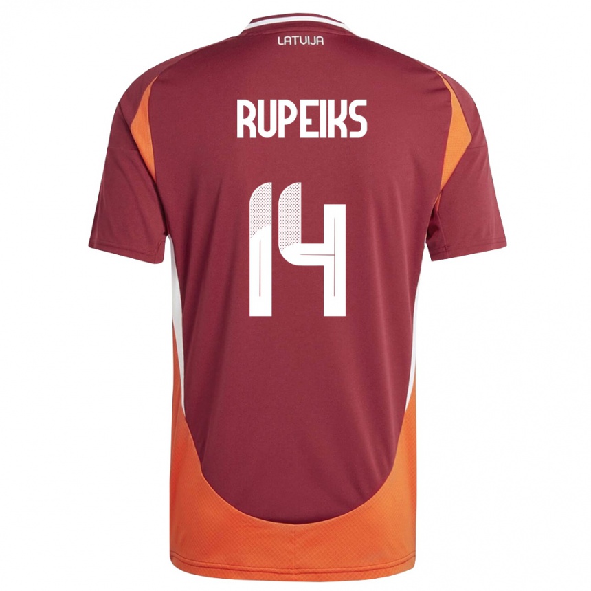 גברים כדורגל לטביה Krisjanis Rupeiks #14 אדום עמוק לבן כתום ג'רזי ביתית 26-28