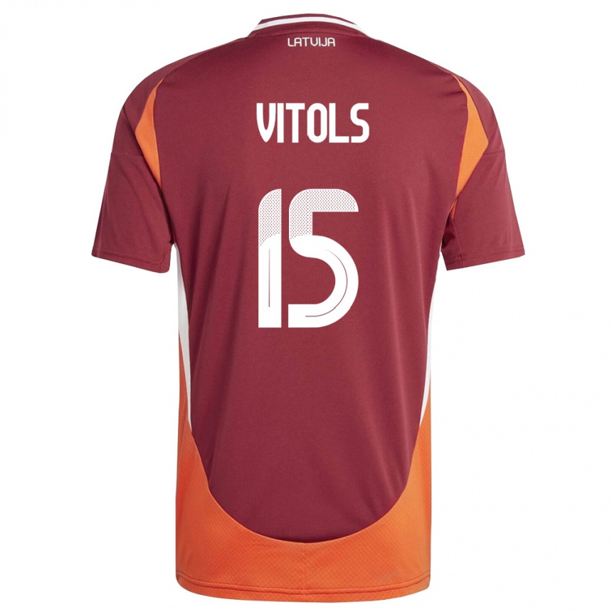 גברים כדורגל לטביה Rauls Vitols #15 אדום עמוק לבן כתום ג'רזי ביתית 26-28