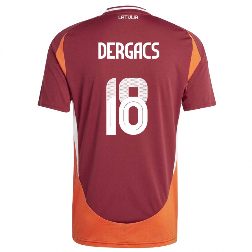גברים כדורגל לטביה Emils Dergacs #18 אדום עמוק לבן כתום ג'רזי ביתית 26-28