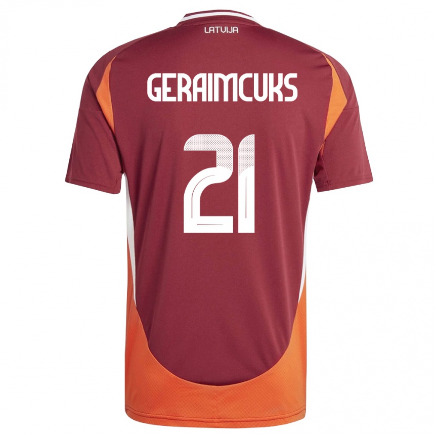 גברים כדורגל לטביה Markuss Geraimcuks #21 אדום עמוק לבן כתום ג'רזי ביתית 26-28