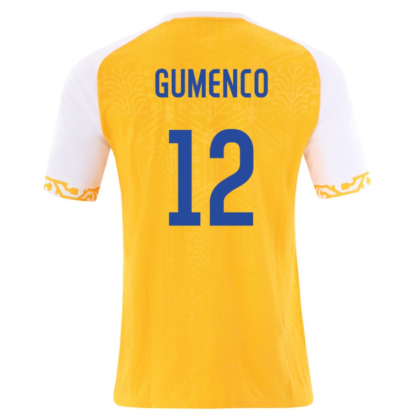 גברים כדורגל מולדובה Maxim Gumenco #12 צהוב לבן הרחק ג'רזי 26-28