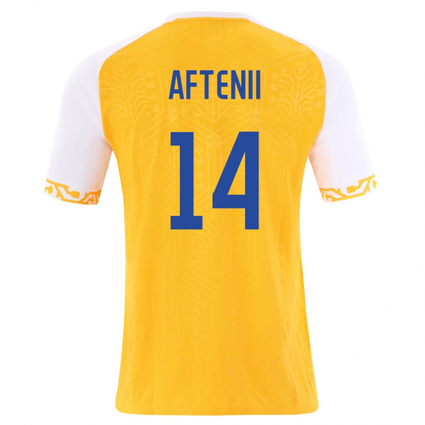 גברים כדורגל מולדובה Artiom Aftenii #14 צהוב לבן הרחק ג'רזי 26-28