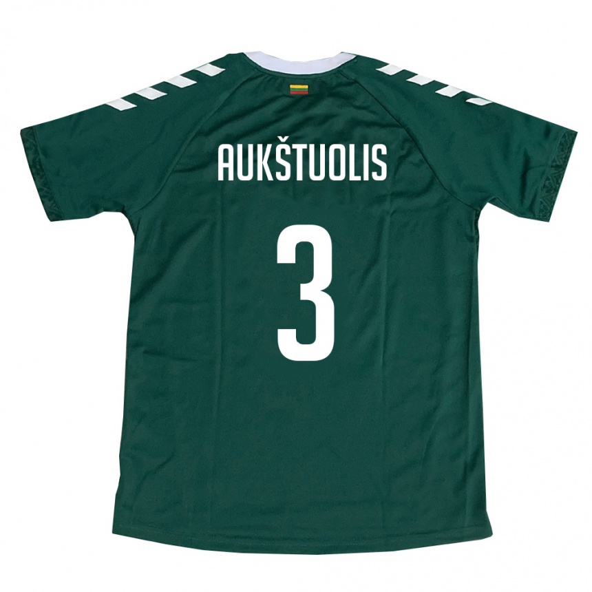 גברים כדורגל ליטא Deividas Aukštuolis #3 ירוק כהה לבן הרחק ג'רזי 26-28