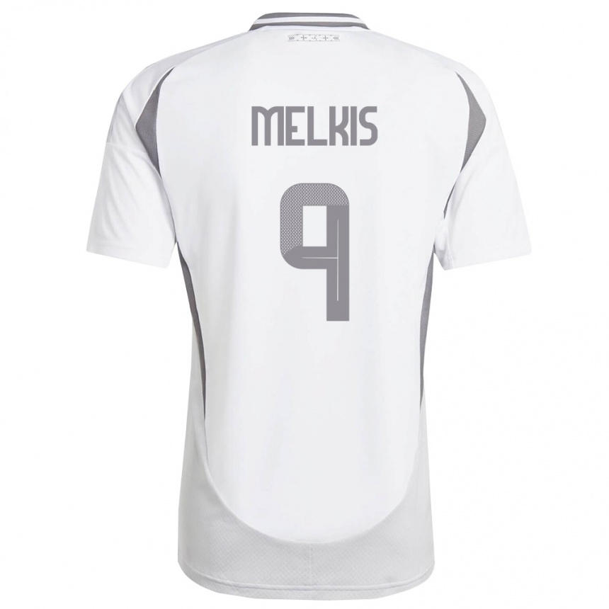 גברים כדורגל לטביה Vilhelms Melkis #9 לבן אפור כהה הרחק ג'רזי 26-28
