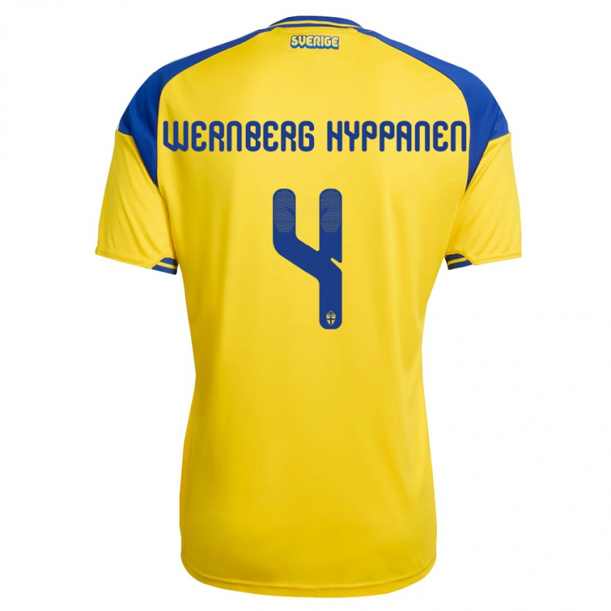 נשים כדורגל שוודיה Lino Wernberg Hyppänen #4 צהוב כחול לבן ג'רזי ביתית 26-28