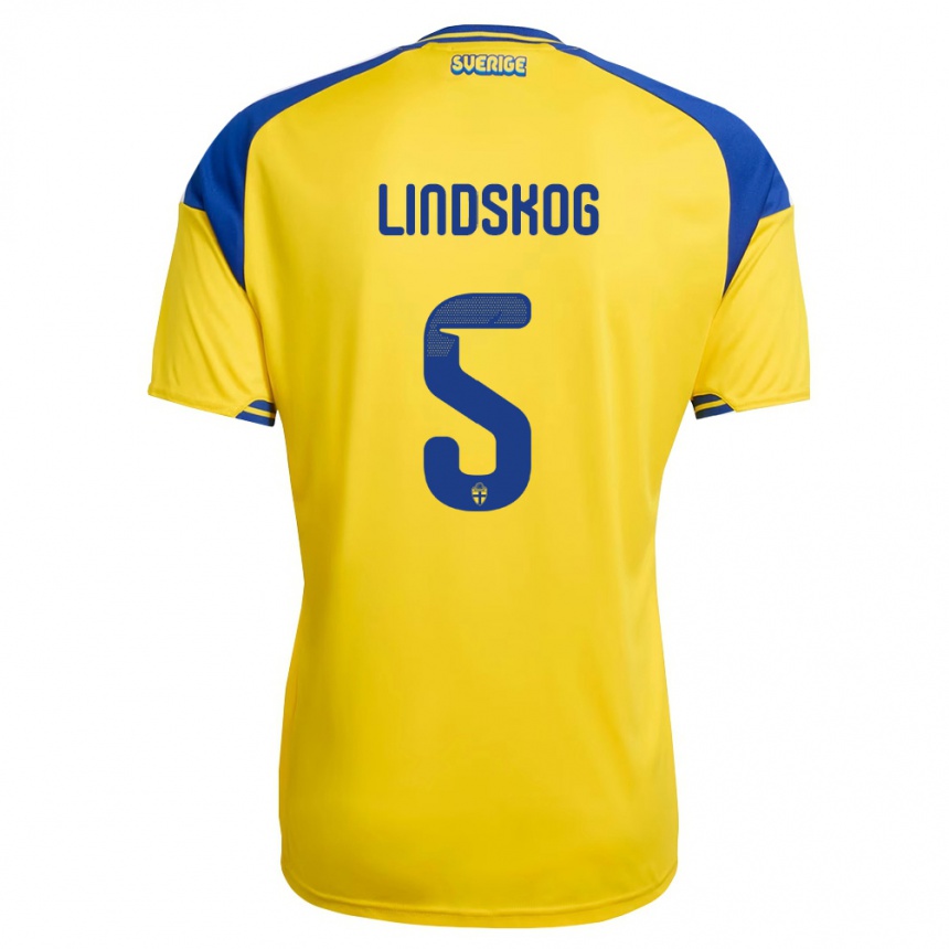 נשים כדורגל שוודיה Hugo Lindskog #5 צהוב כחול לבן ג'רזי ביתית 26-28