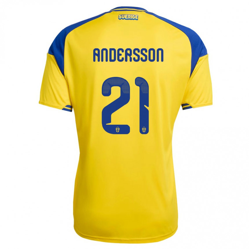 נשים כדורגל שוודיה Alexander Andersson #21 צהוב כחול לבן ג'רזי ביתית 26-28