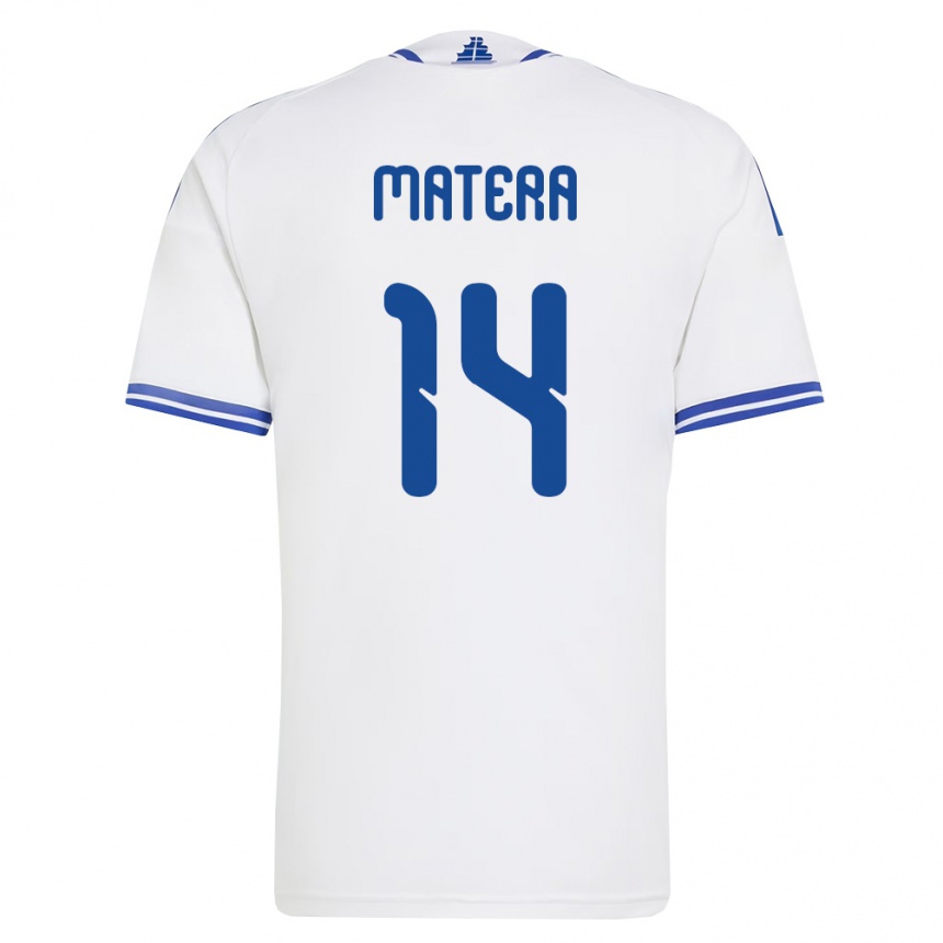 נשים כדורגל יוון Marios Matera #14 לבן כחול ג'רזי ביתית 26-28