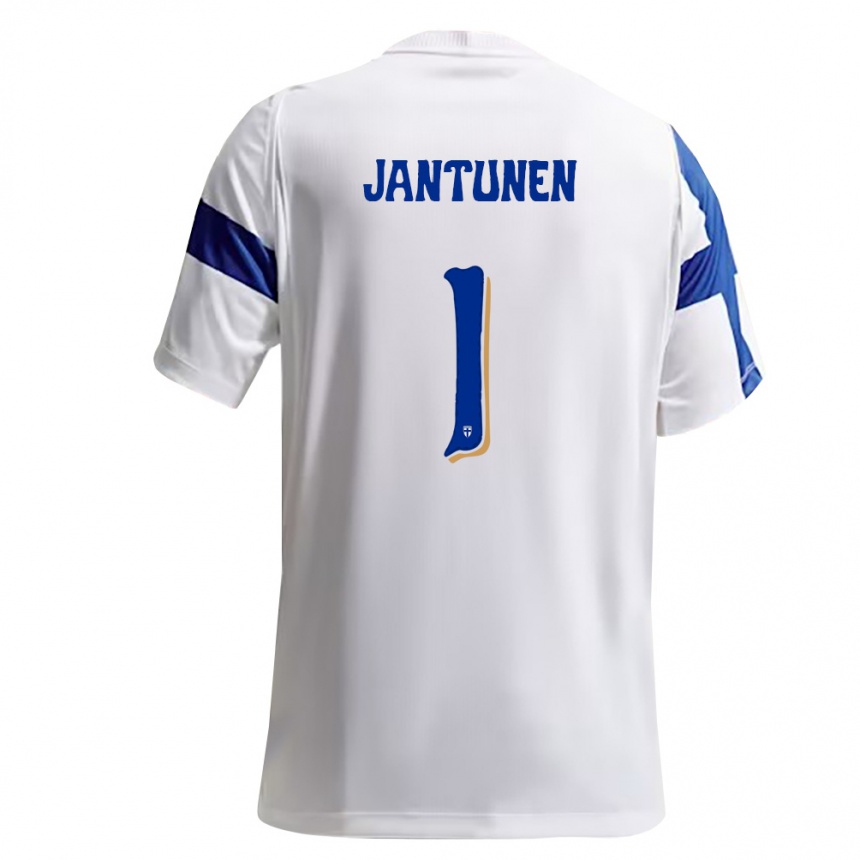 נשים כדורגל פינלנד Jaaso Jantunen #1 לבן כחול ג'רזי ביתית 26-28