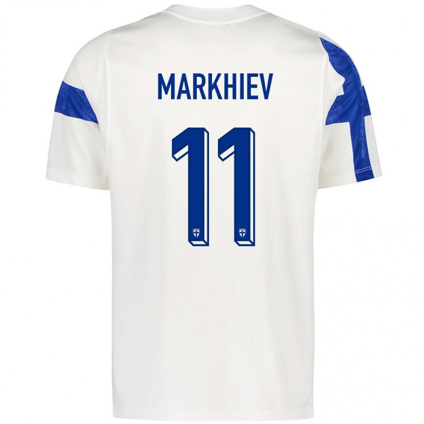 נשים כדורגל פינלנד Adam Markhiev #11 לבן כחול ג'רזי ביתית 26-28