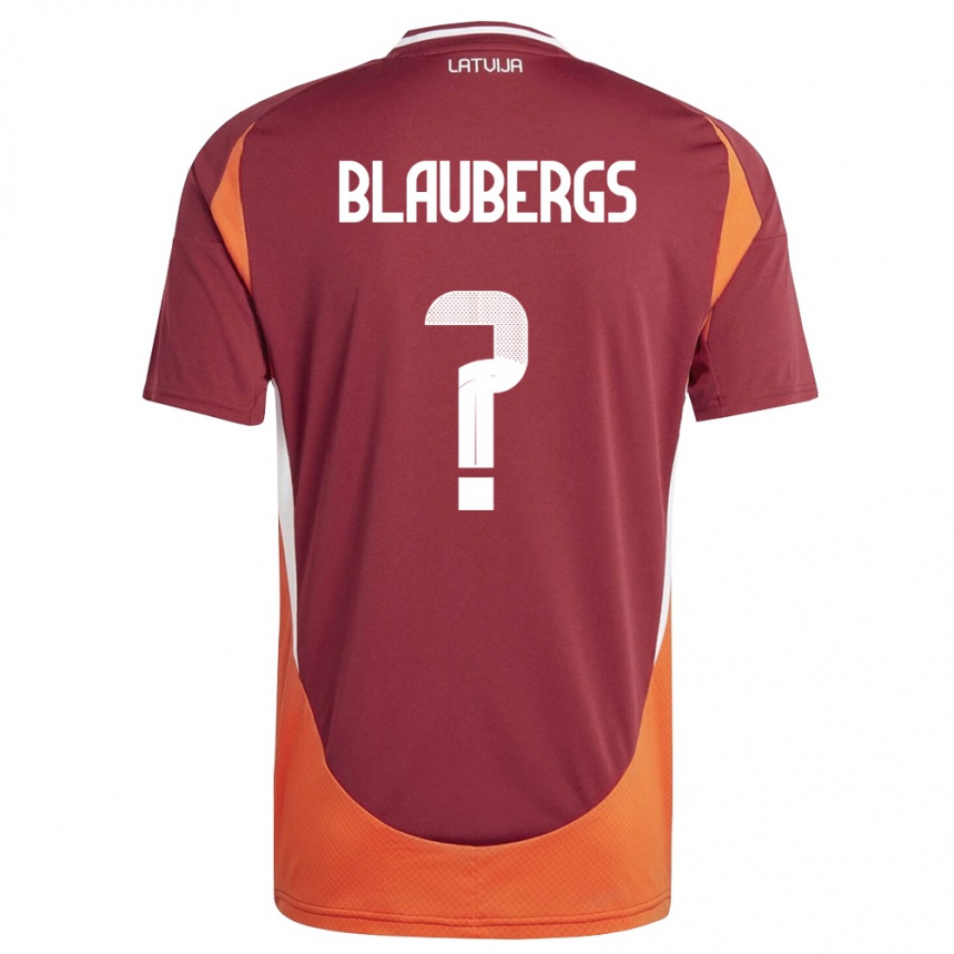 נשים כדורגל לטביה Markuss Blaubergs #0 אדום עמוק לבן כתום ג'רזי ביתית 26-28