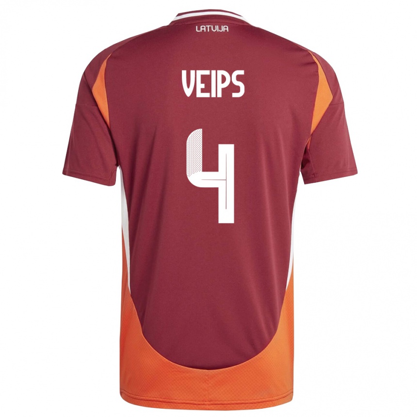 נשים כדורגל לטביה Roberts Veips #4 אדום עמוק לבן כתום ג'רזי ביתית 26-28