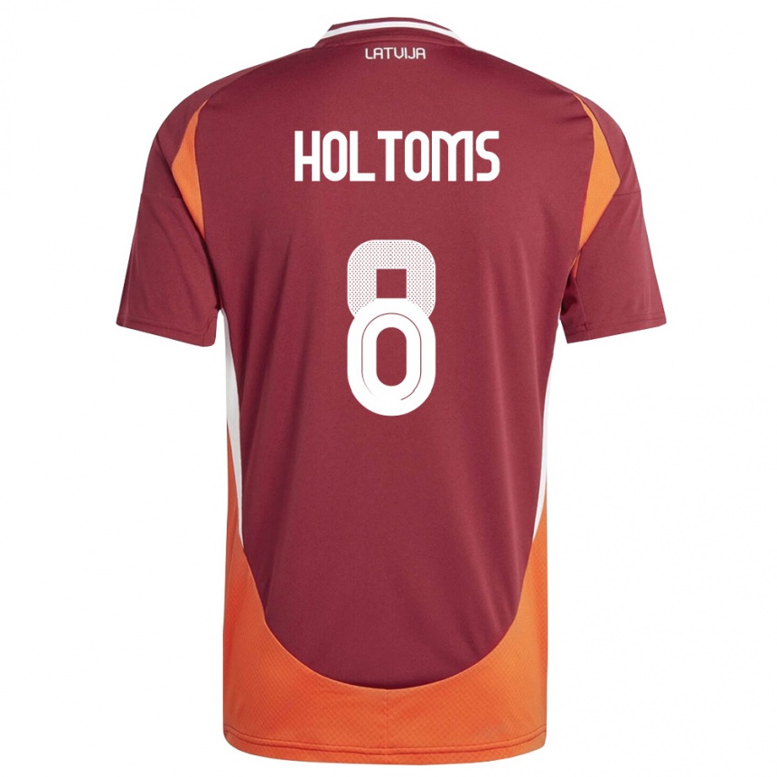 נשים כדורגל לטביה Henrijs Holtoms #8 אדום עמוק לבן כתום ג'רזי ביתית 26-28