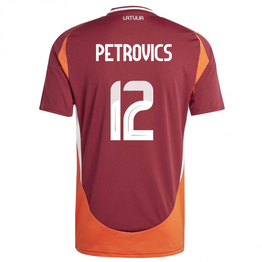 נשים כדורגל לטביה Toms Petrovics #12 אדום עמוק לבן כתום ג'רזי ביתית 26-28