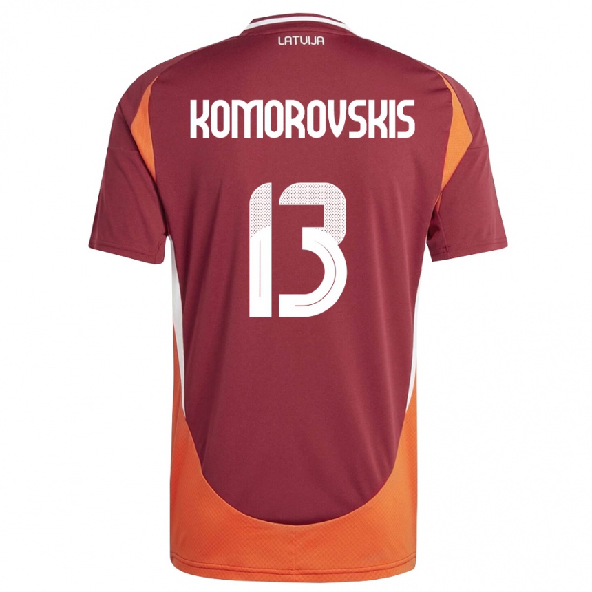 נשים כדורגל לטביה Emils Komorovskis #13 אדום עמוק לבן כתום ג'רזי ביתית 26-28