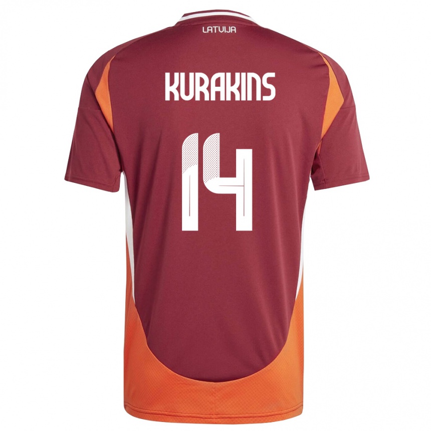 נשים כדורגל לטביה Adrians Kurakins #14 אדום עמוק לבן כתום ג'רזי ביתית 26-28
