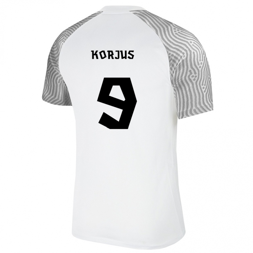 נשים כדורגל אסטוניה Uku Korjus #9 לבן אפור הרחק ג'רזי 26-28