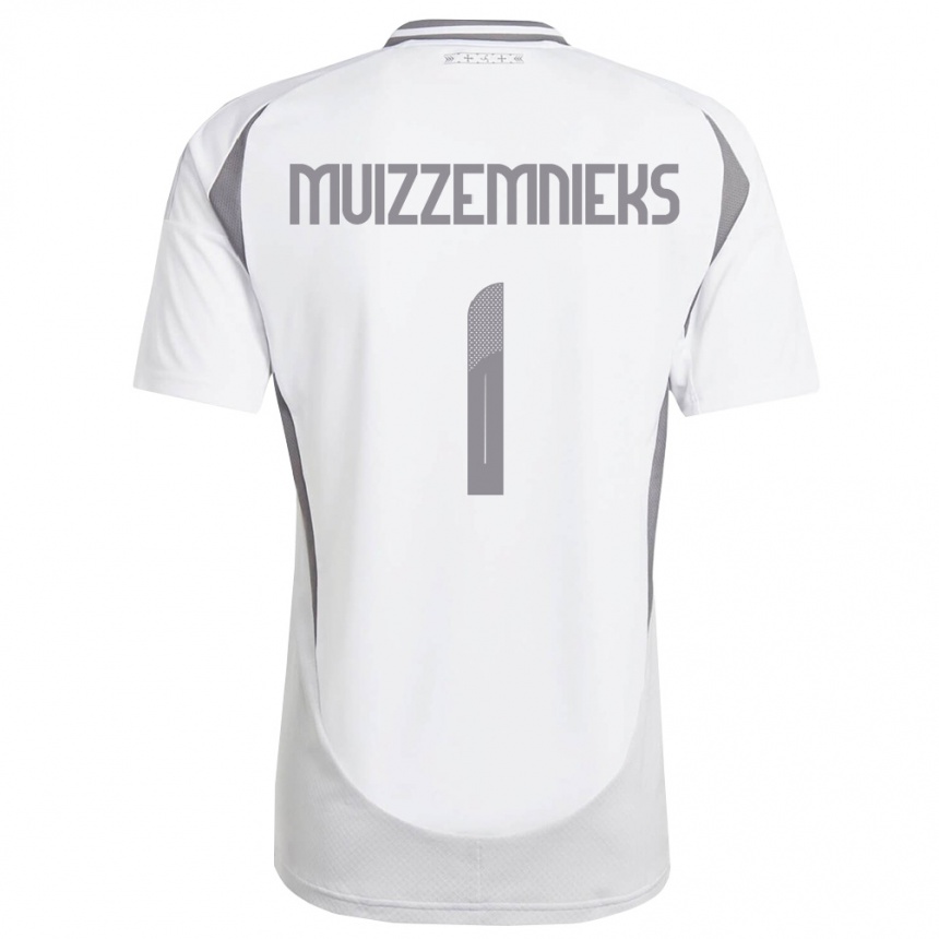 נשים כדורגל לטביה Mareks Muizzemnieks #1 לבן אפור כהה הרחק ג'רזי 26-28