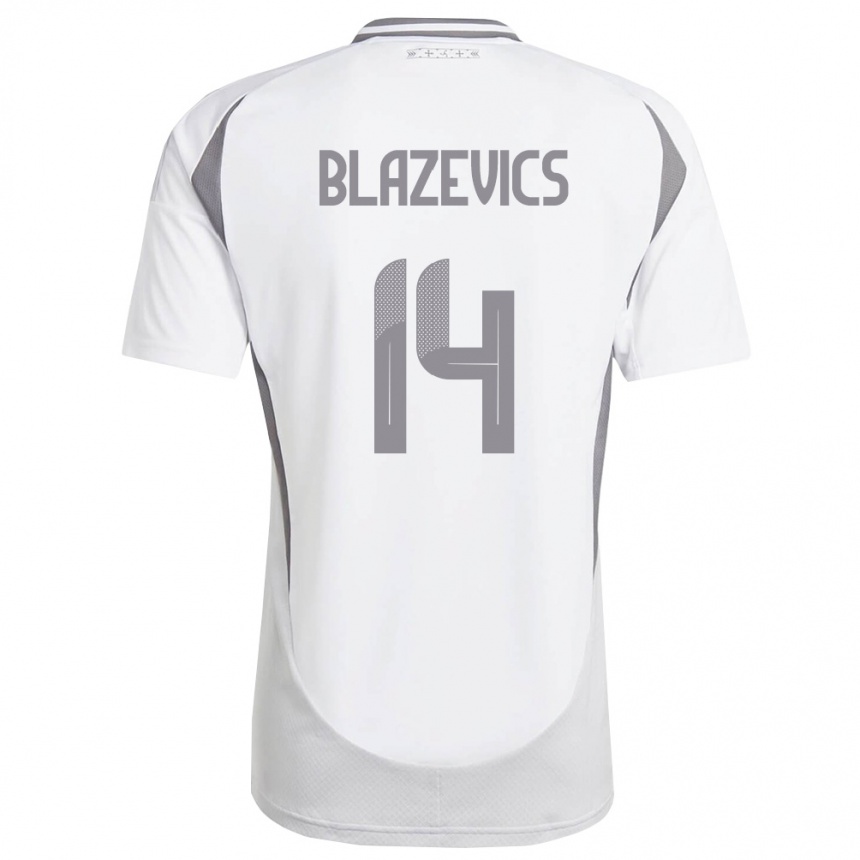 נשים כדורגל לטביה Olivers Blazevics #14 לבן אפור כהה הרחק ג'רזי 26-28