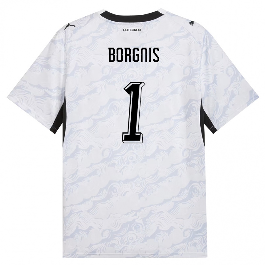 נשים כדורגל ניו-זילנד Tobias Borgnis #1 שחור לבן הרחק ג'רזי 26-28