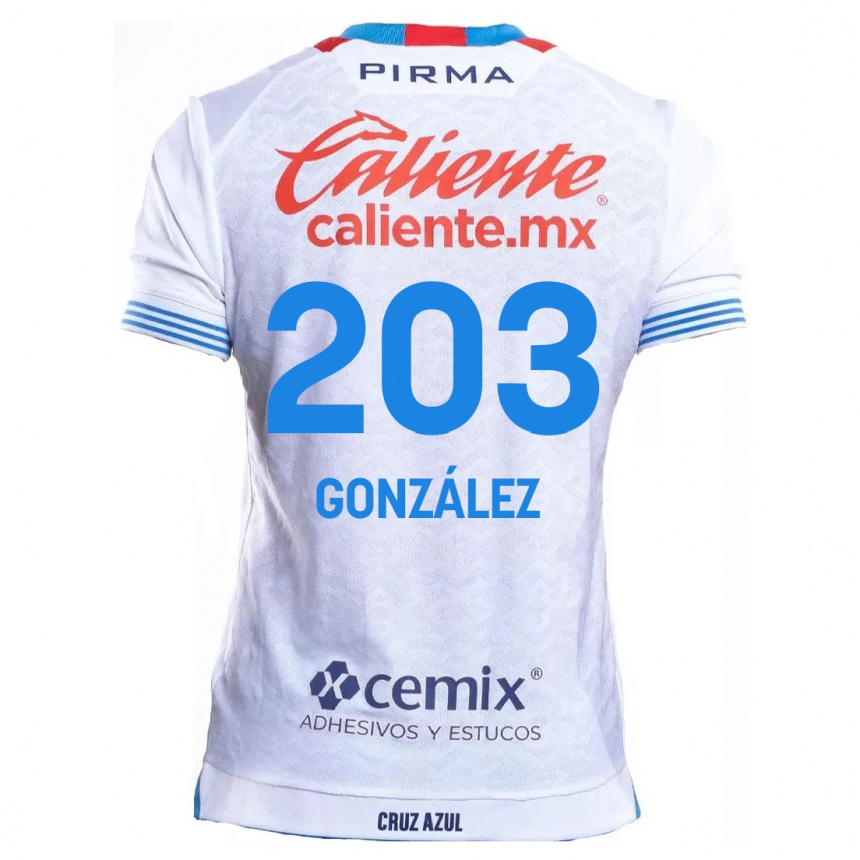 נשים כדורגל Rogelio González #203 לבן אדוםלבן כחול הרחק ג'רזי 2024/25