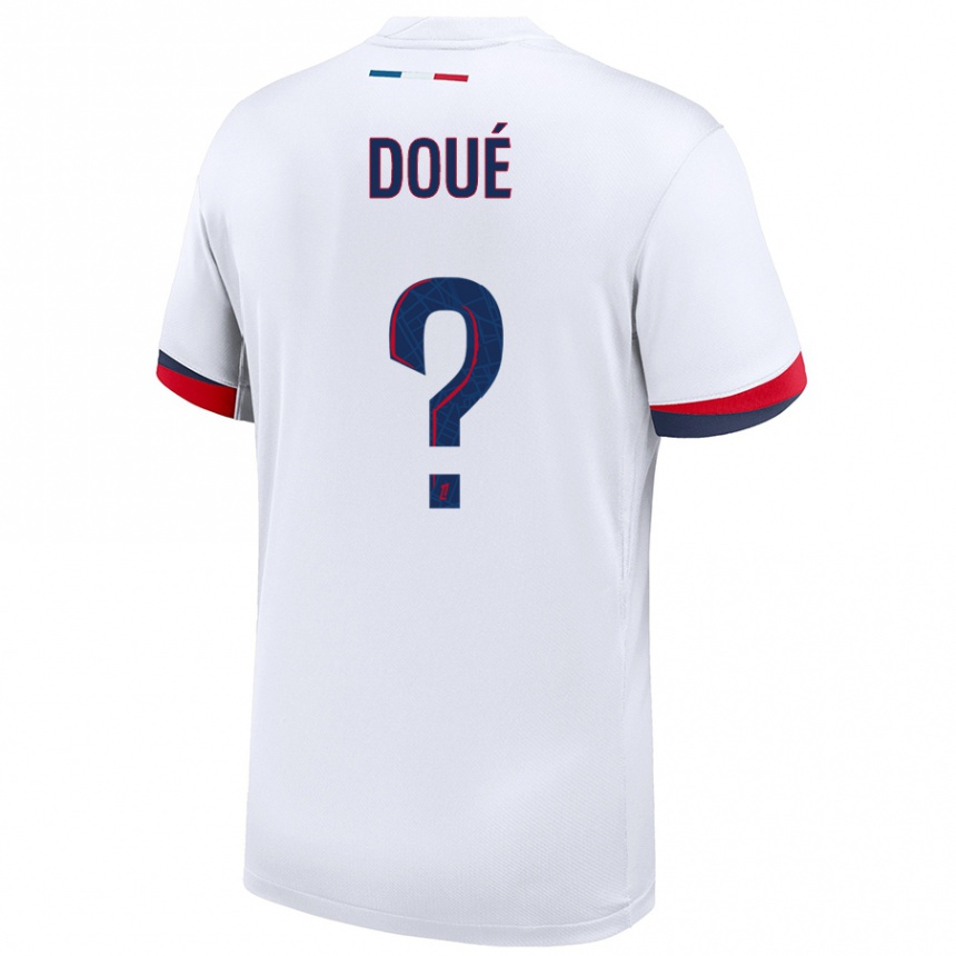 גברים כדורגל Gueladan Doué #0 לבן כחול אדום הרחק ג'רזי 2024/25