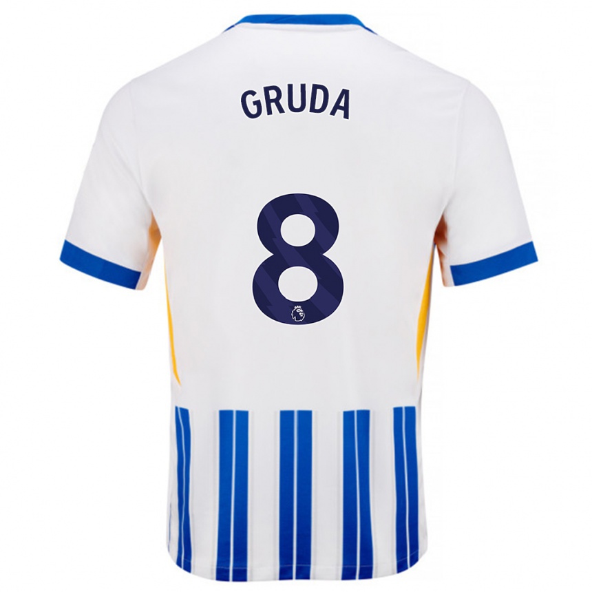 גברים כדורגל Brajan Gruda #8 פסי סיכה כחולים לבנים ג'רזי ביתית 2024/25