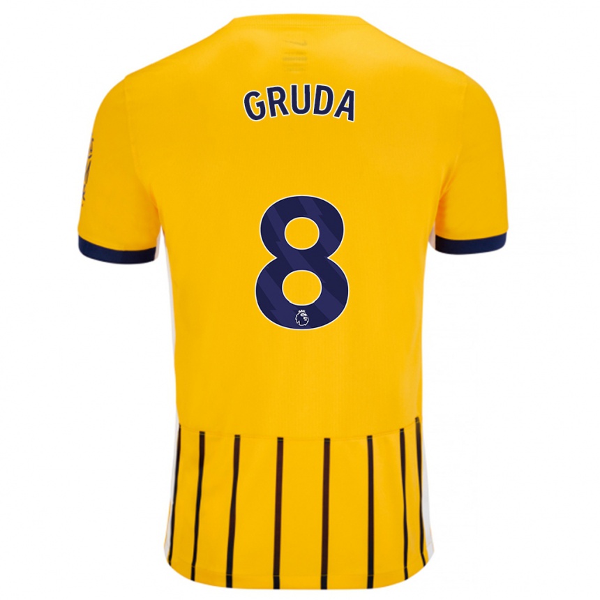 גברים כדורגל Brajan Gruda #8 פסי סיכה כחולים זהב הרחק ג'רזי 2024/25