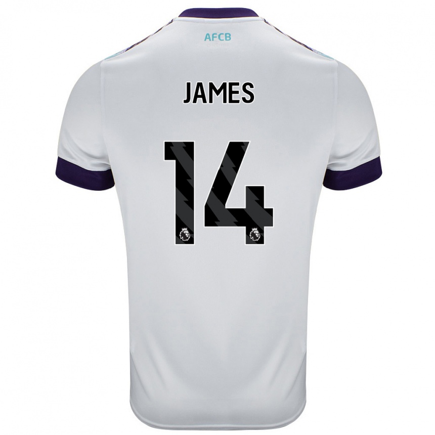גברים כדורגל Katie James #14 לבן ירוק סגול הרחק ג'רזי 2024/25