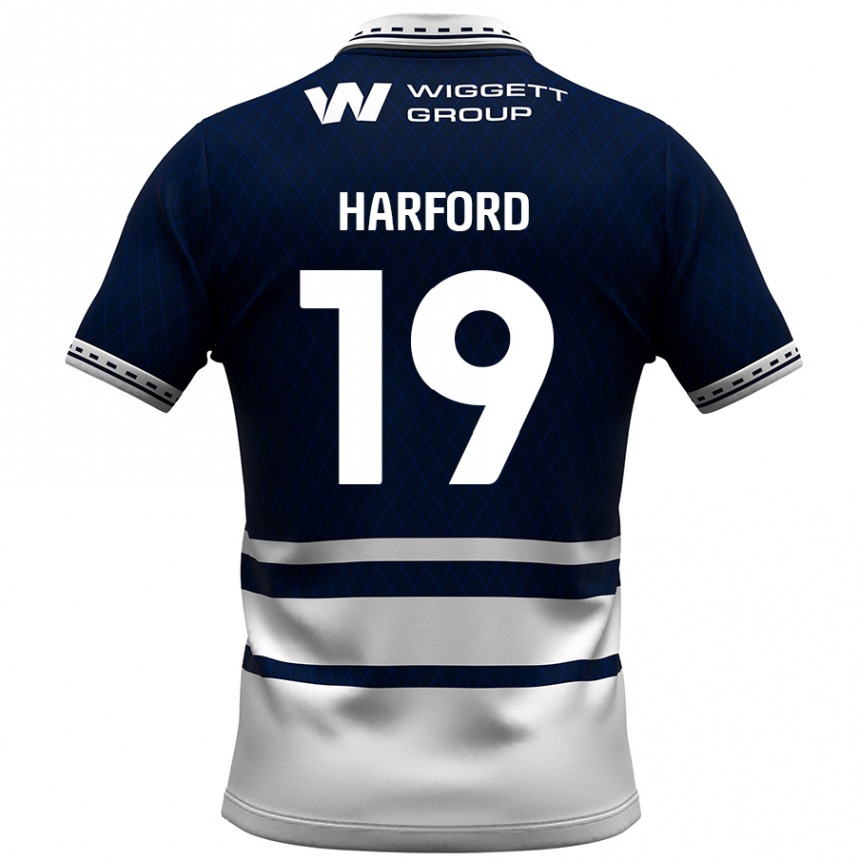 גברים כדורגל Beth Harford #19 כחול נייבי לבן ג'רזי ביתית 2024/25