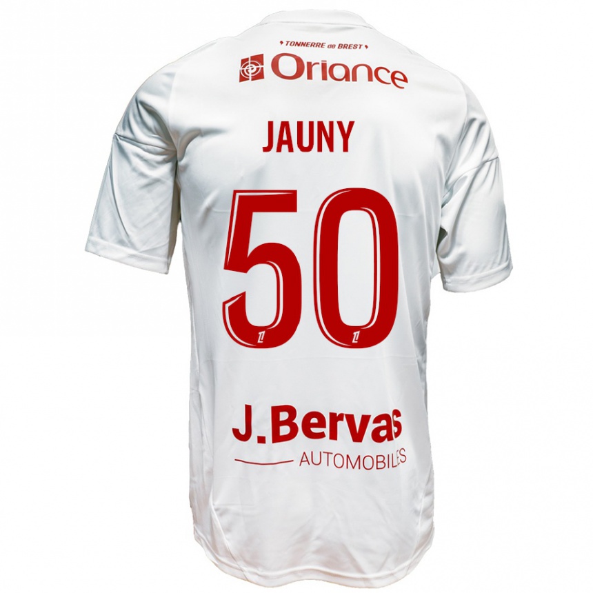 גברים כדורגל Noah Jauny #50 לבן אדום הרחק ג'רזי 2024/25