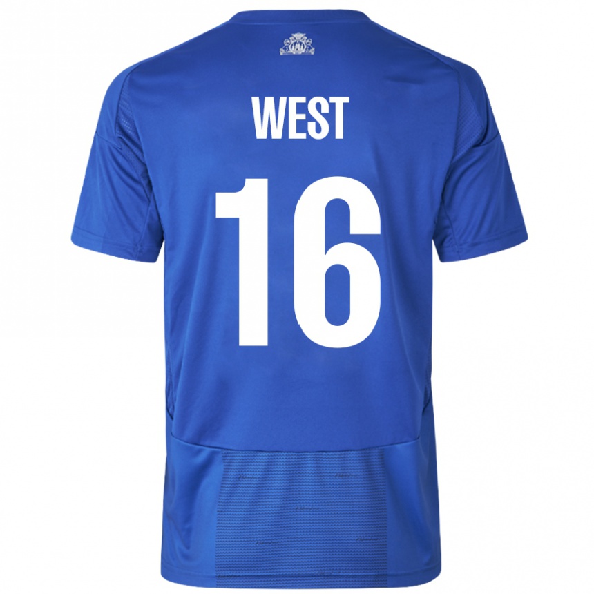 גברים כדורגל Liam West #16 כחול לבן הרחק ג'רזי 2024/25